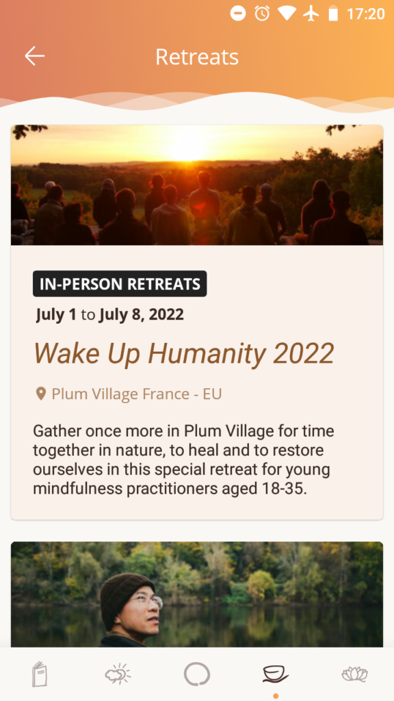 Retreats screen showing upcoming retreats at Plum Village and other